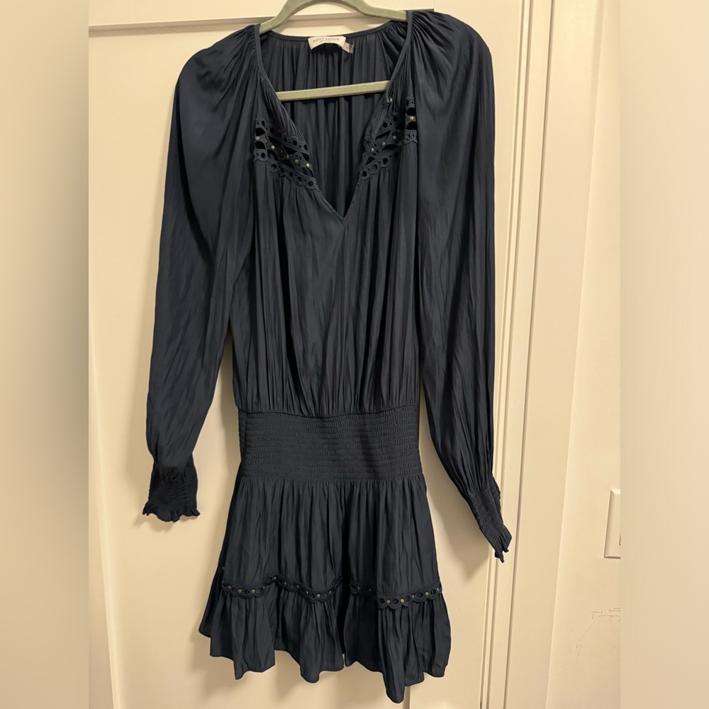 NWOT Ramy Brook Navy Long-Sleeve Smocked-Waist Mini Dress
